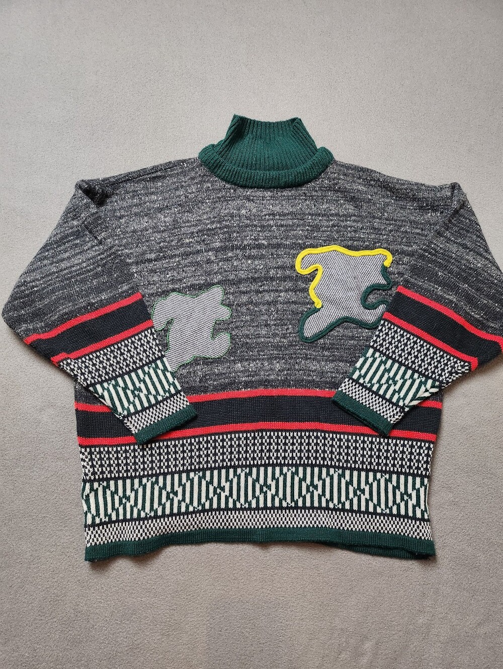 Vintage Tangiers Gray Turtleneck Sweater Abstract Appliqué Patches Size L 80s/90